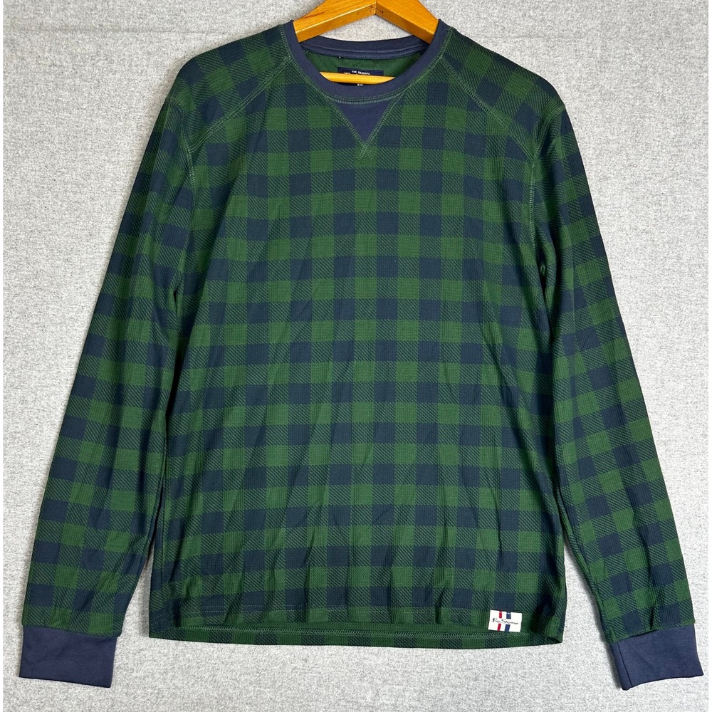 Ben Sherman Thermal Shirt Mens Large Blue Green Buffalo Check Waffle Knit
